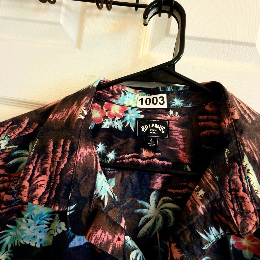 Men's Billabong Hawaiian Tiki 100% Cotton Short-Sleeve Button Shirt L– Excellent